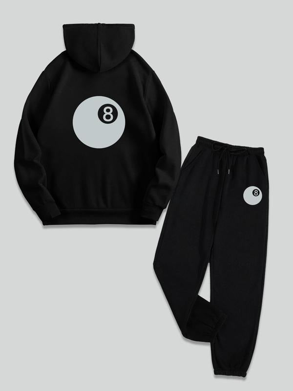 Women's Billiards Print Hooded Sweatshirt & Drawstring Waist Sweatpants Set, Casual Long Sleeve Hoodie & Pocket Jogger Pants, Women's Fall & Winter Clothes