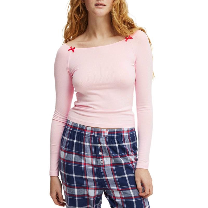 Women's Boat Neck Sleep Tops Casual Long Sleeve Little BowFit Lounge Shirts Blouses