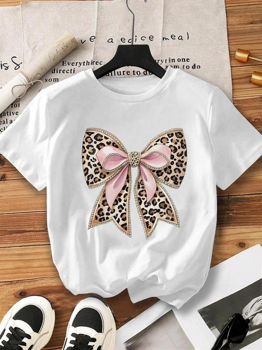 Women's Bow & Leopard Print Round Neck Tee, Fashion Casual Crew Neck T-Shirt for Daily Holiday Vacation Outdoor Wear, Ladies Clothes for Summer, Top