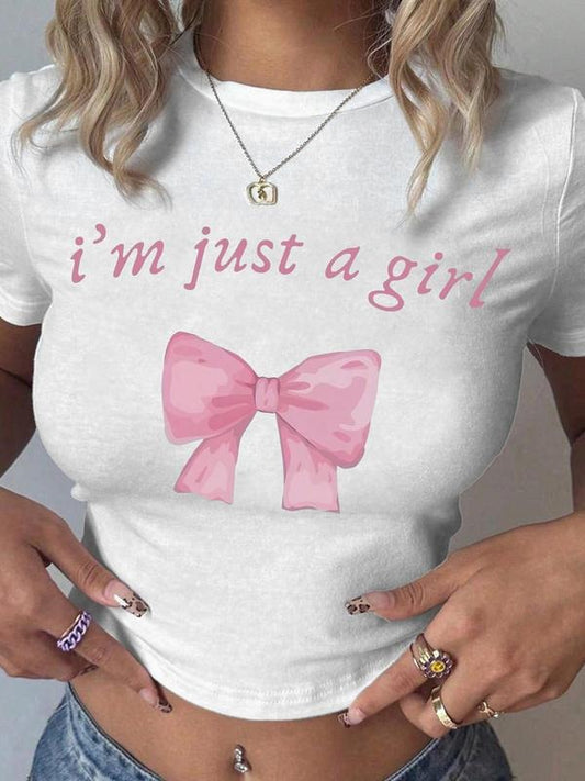 Women's Bow & Letter Print Round Neck Crop Tee, Fashion Casual Crew Neck T-shirt for Daily Holiday Vacation Outdoor Wear, Ladies Clothes for All Seasons