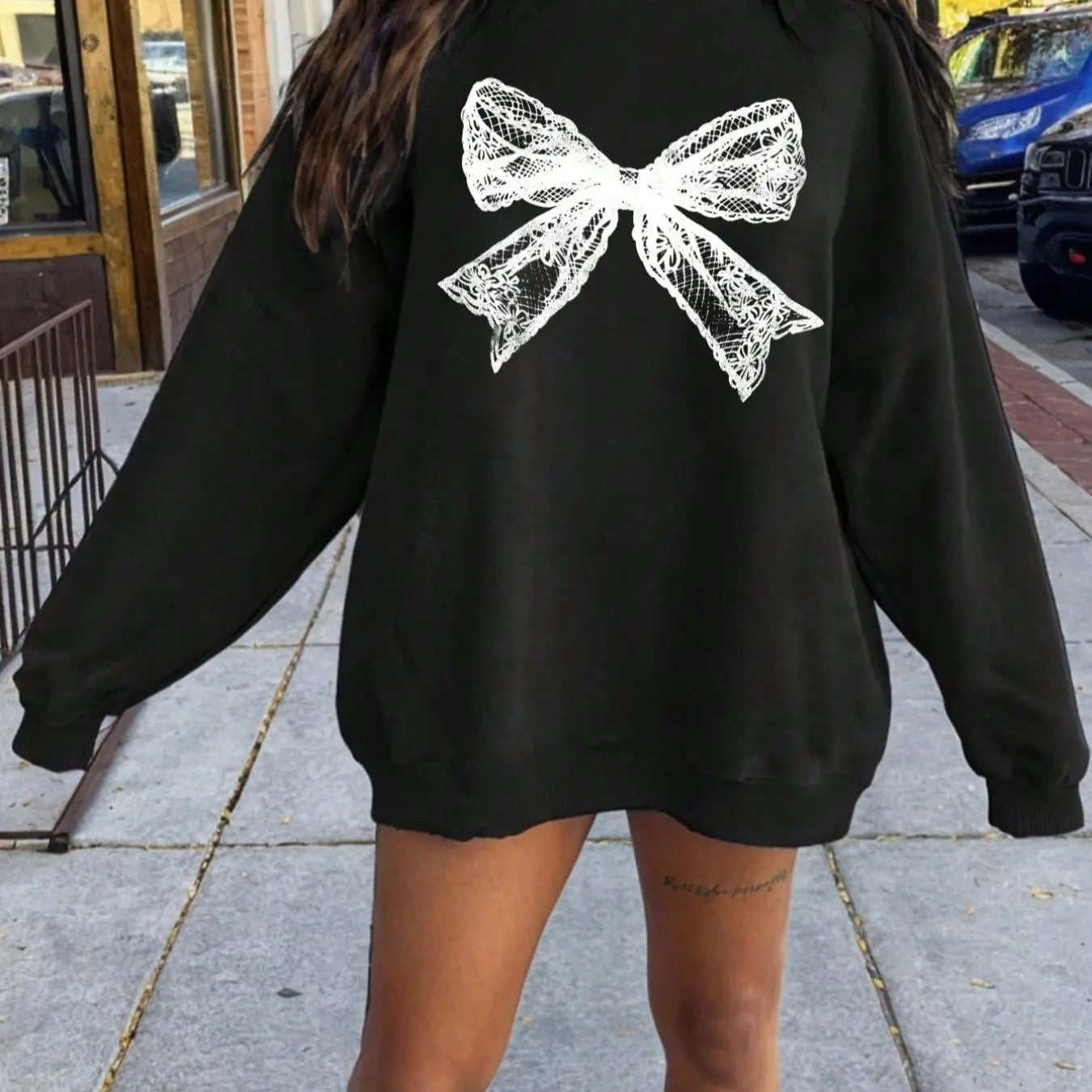 Women's Bow Print Crew Neck Pullover Sweatshirt, Casual Long Sleeve Sweatshirt for Spring & Fall, Fashion Women's Top for Daily Wear