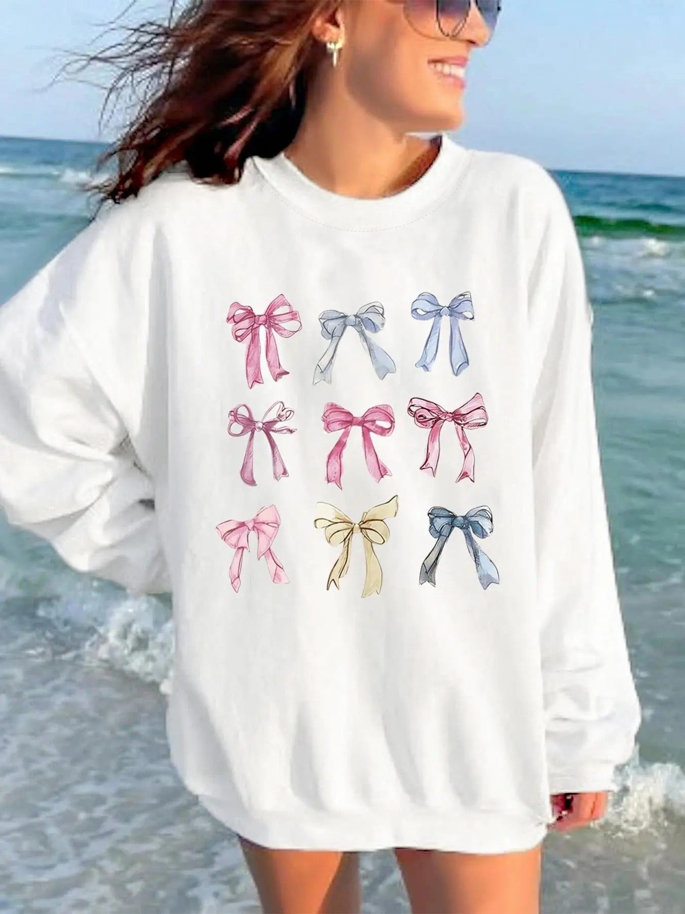 Women's Bow Print Crew Neck Sweatshirt, Casual Long Sleeve Sweatshirt for Spring & Fall, Fashion Women's Top for Daily Wear