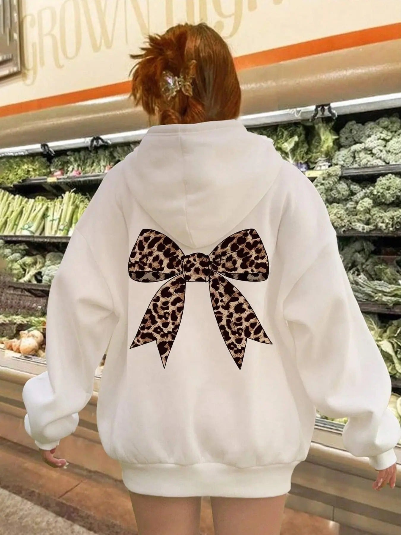 Women's Bow Print Drop Shoulder Hoodie, Fashion Casual Drawstring Pocket Hooded Sweatshirt for Daily Holiday Outdoor Wear, Ladies Clothes for All Seasons