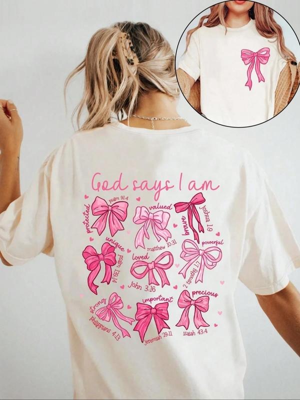 Women's Bow Print Round Neck Tee, Fashion Casual Crew Neck T-shirt for Daily Holiday Vacation Outdoor Wear, Ladies Clothes for Summer, Top