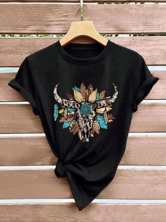 Women's Bull Head & Floral Print Round Neck Graphic Tee, Vintage Trendy Casual Short Sleeve T-shirt for Daily Wear, Ladies All-match Clothing for All Seasons
