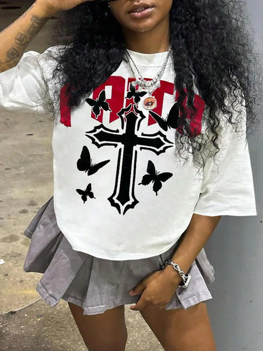 Women's Butterfly & Cross Print Round Neck Tee, Fashion Casual Half Sleeve T-shirt for Daily Holiday Vacation Outdoor Wear, Ladies Clothes for Summer