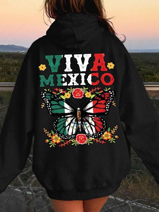 Women's Butterfly & Floral & Letter Print Drop Shoulder Hoodie, Fashion Casual Letter Graphic Drawstring Pocket Hooded Sweatshirt for Daily Holiday Outdoor Wear, Ladies Clothes for All Seasons