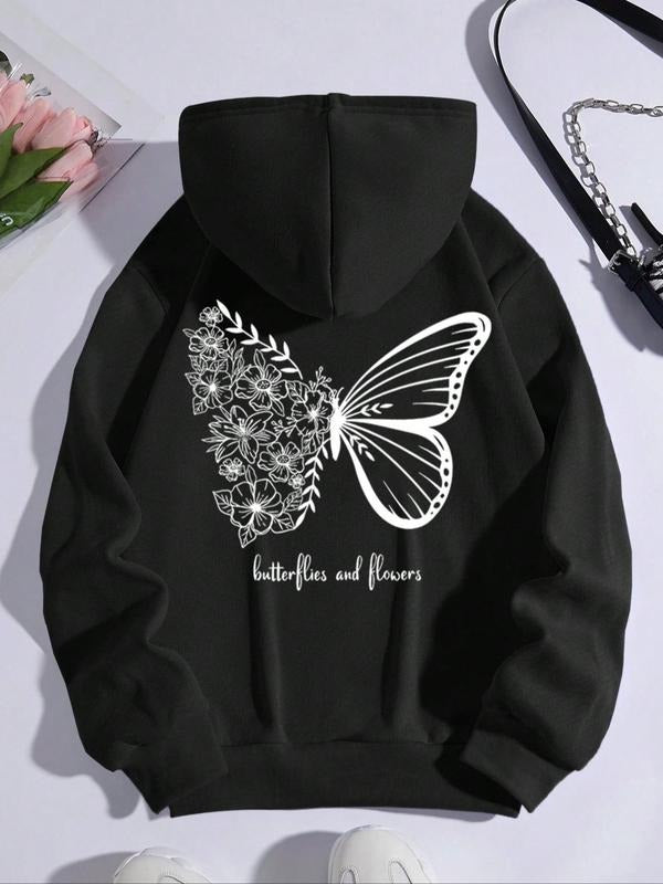 Women's Butterfly & Floral Print Drop Shoulder Hoodie, Fashion Casual Drawstring Pocket Hooded Sweatshirt for Daily Holiday Outdoor Wear, Women Clothes for Fall & Winter