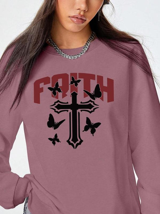 Women's Butterfly & Letter & Cross Print Round Neck Pullover, Fashion Casual Crew Neck Long Sleeve Sweatshirt for Daily Holiday Outdoor Wear, Women Clothing for Fall & Winter