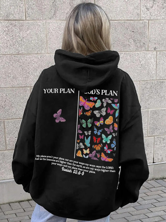 Women's Butterfly & Letter Print Drop Shoulder Hoodie, Fashion Casual Drawstring Pocket Hooded Sweatshirt for Daily Holiday Outdoor Wear, Ladies Clothes for Spring & Fall