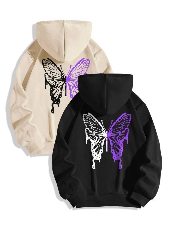 Women's Butterfly Print Drawstring Pocket Drop Shoulder Hoodie, Fashion Casual Hooded Sweatshirt for Daily Holiday Outdoor Wear, Women Clothes for Fall & Winter