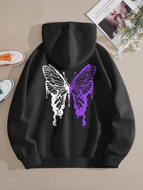 Women's Butterfly Print Drawstring Pocket Hoodie, Comfort Long Sleeve Tops for Lady, Fashion Casual Drop Shoulder Pullover for Daily Holiday Outdoor Wear, Women's Clothes for Fall & Winter, Womenswear