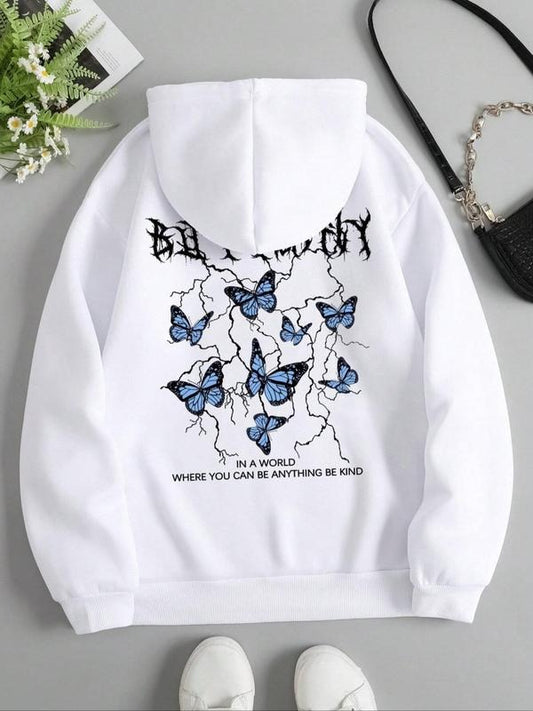 Women's Butterfly Print Drawstring Pocket Thermal Lined Hoodie, Fashion Casual Hooded Sweatshirt for Daily Holiday Outdoor Wear, Women Clothing for Fall & Winter