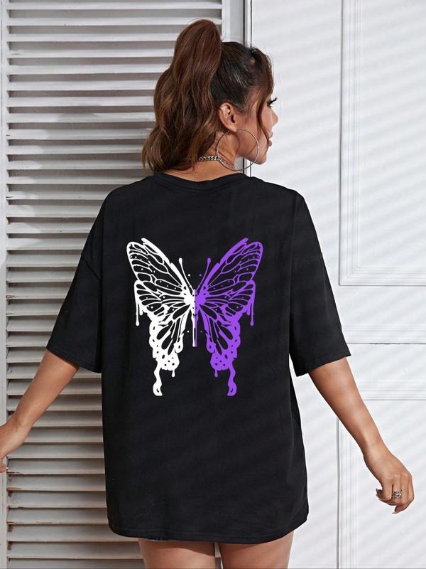 Women's Butterfly Print Round Neck Tee, Summer Clothes Women, Fashion Casual Drop Shoulder Short Sleeve T-shirt for Daily Outdoor Wear, Lady Tops