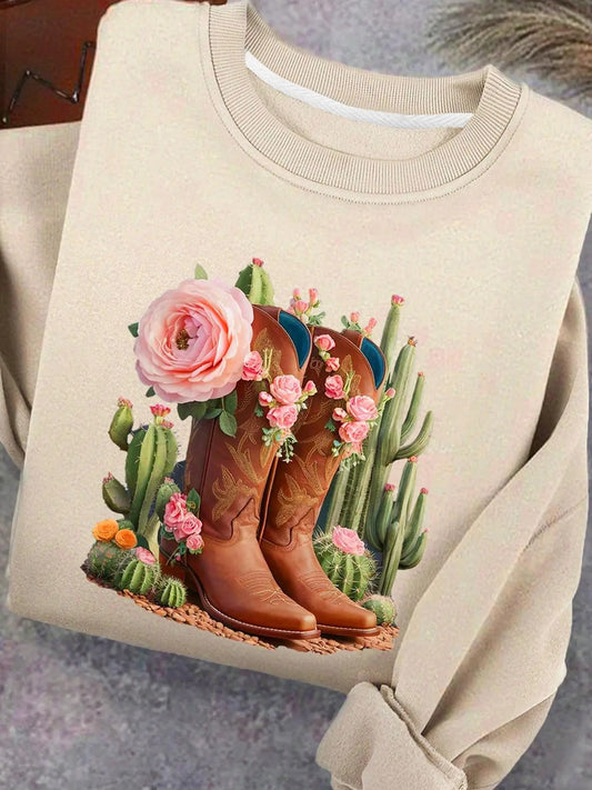 Women's Cactus & Boots Print Round Neck Sweatshirt, Casual Long Sleeve Pullover for Fall & Winter, Women's Clothes for Daily Wear
