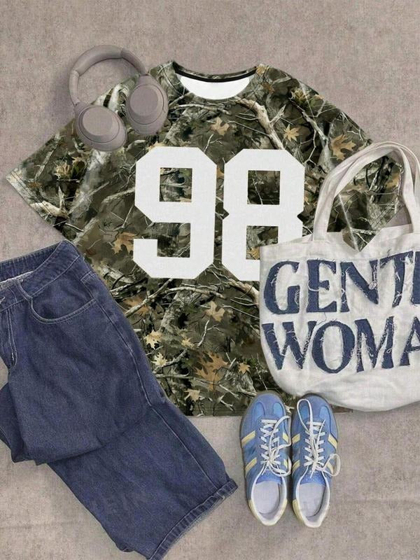 Women's Camo Print Round Neck Tee, Fashion Casual Crew Neck Short Sleeve T-shirt for Daily Holiday Vacation Outdoor Wear, Ladies Clothes for Summer, Top