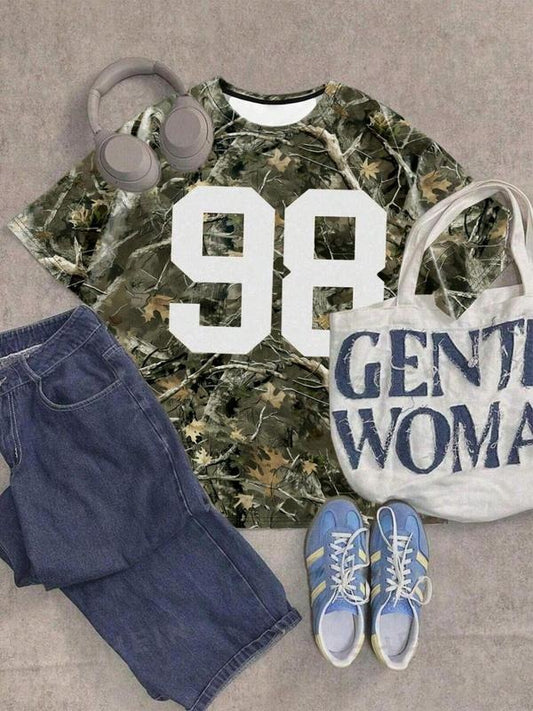 Women's Camo Print Round Neck Tee, Fashion Casual Crew Neck Short Sleeve T-shirt for Daily Holiday Vacation Outdoor Wear, Ladies Clothes for Summer, Top