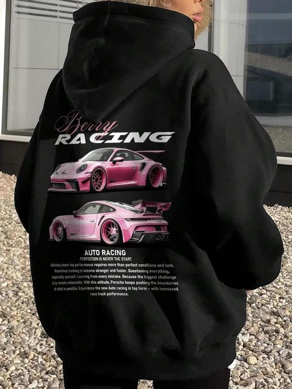 Women's Car & Letter Print Drop Shoulder Hoodie, Fashion Casual Drawstring Pocket Hooded Sweatshirt for Daily Holiday Outdoor Wear, Ladies Clothes for Fall & Winter