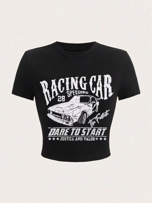 Women's Car & Letter Print Round Neck  Crop Tee, Vintage Trendy Casual Short Sleeve T-shirt for Daily Wear, Ladies Summer...