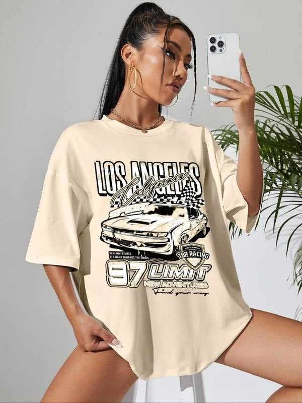 Women's Car & Letter Print Round Neck Graphic Tee, Vintage Trendy Casual Drop Shoulder Half Sleeve T-shirt for Daily Wear, Ladies All Seasons Outfitstyle{n002}3