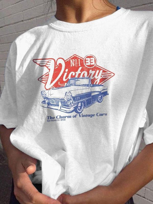 Women's Car & Letter Print Round Neck Tee, Vintage Trendy Casual Short Sleeve T-shirt for Daily Wear, Ladies All Seasons...