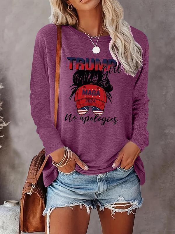 Women's Cartoon & Letter Long Sleeve  Round Neck Tee, Fashion Casual Crew Neck T-shirt for Daily Holiday Vacation Outdoor Wear, Ladies Clothes for All Seasons