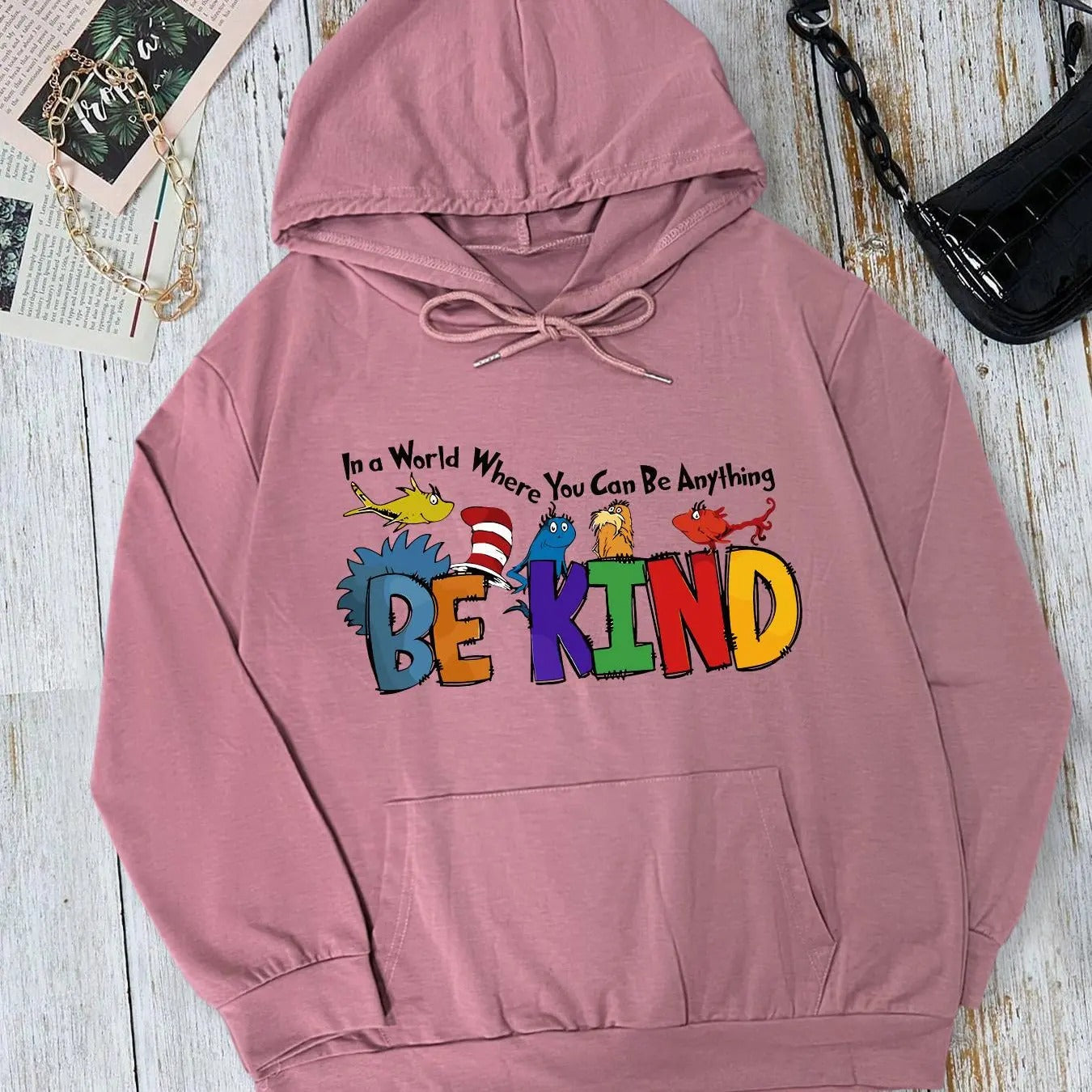 Women's Cartoon & Letter Print Drop Shoulder Drawstring Hoodie, Fashion Casual Kangaroo Pocket Hooded Sweatshirt for Daily Holiday Outdoor Wear, Women Clothing for Fall & Winter