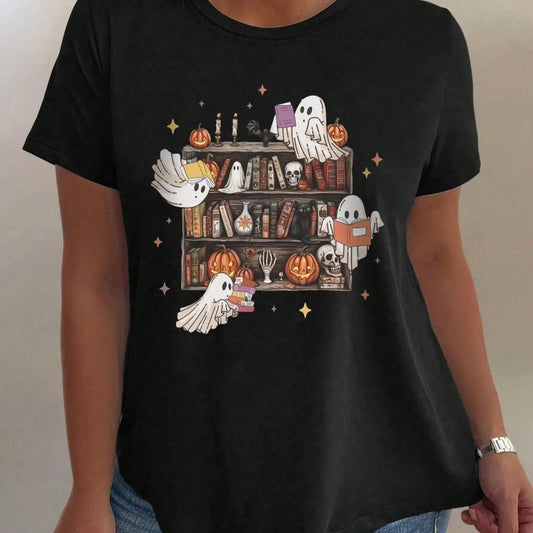 Women's Cartoon  Print Round Neck Tee, Casual Half Sleeve Crew Neck T-shirt for Daily Holiday Vacation Outdoor Wear, Ladies Clothes for All Seasons