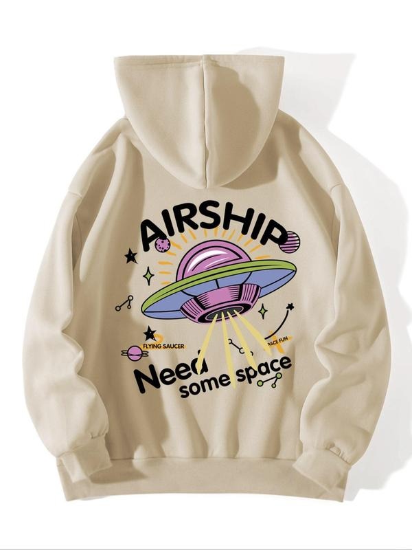 Women's Cartoon Airship & Letter Print Drop Shoulder Hoodie, Fashion Casual Drawstring Pocket Hooded Sweatshirt for Daily Holiday Outdoor Wear, Women Clothes for Spring & Fall