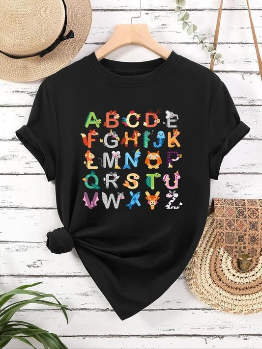 Women's Cartoon Animal & Letter Print Round Neck Tee, Cute Casual Crew Neck Short Sleeve T-Shirt for Daily Wear, Ladies Clothes for All Seasons