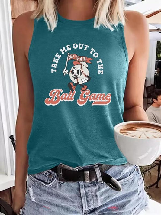 Women's Cartoon Baseball Player & Letter Print Round Neck Tank Top, Casual Sleeveless Crew Neck Top for Summer, Ladies...