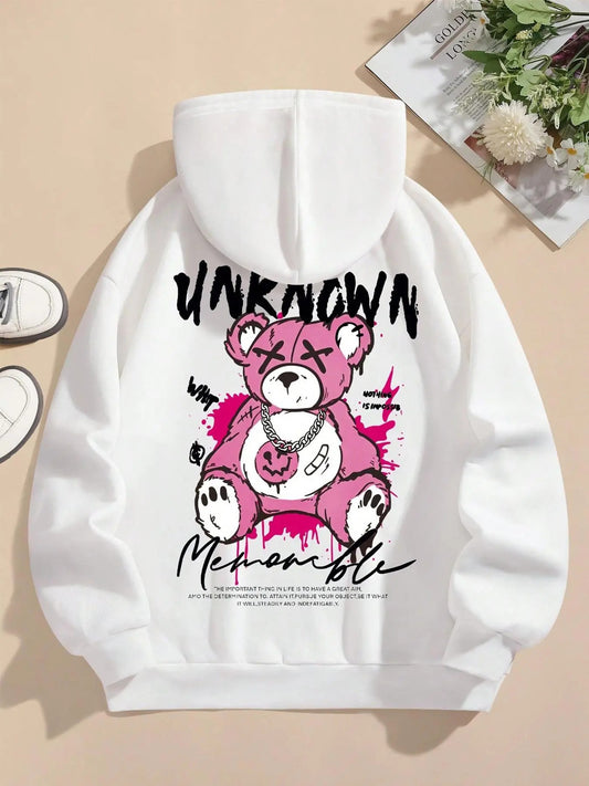 Women's Cartoon Bear & Letter Print Drop Shoulder Hoodie, Fashion Casual Drawstring Pocket Hooded Sweatshirt for Daily Holiday Outdoor Wear, Ladies Clothes for Spring & Fall, Black Girl Outfits