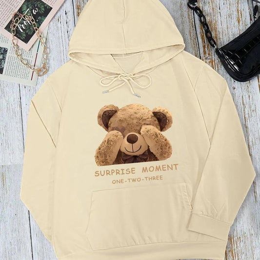 Women's Cartoon Bear & Letter Print Drop Shoulder Hoodie, Fashion Casual Drawstring Pocket Hooded Sweatshirt for Daily Holiday Outdoor Wear, Women Clothing for Fall & Winter
