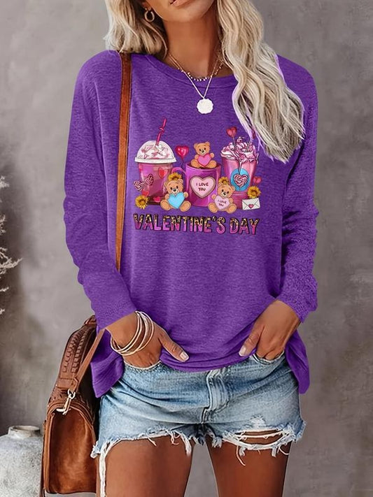 Women's Cartoon Bear & Letter Print Round Neck Tee, Fashion Casual Crew Neck Long Sleeve T-shirt for Daily Holiday Vacation Outdoor Wear, Women Tops for Fall & Winter