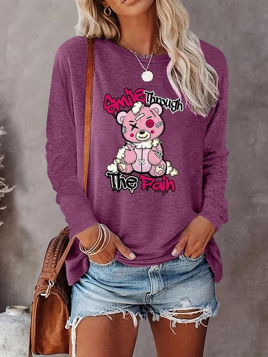 Women's Cartoon Bear & Letter Print Round Neck Tee, Fashion Casual Crew Neck T-shirt for Daily Holiday Vacation Outdoor Wear, Women Tops for Fall & Winter