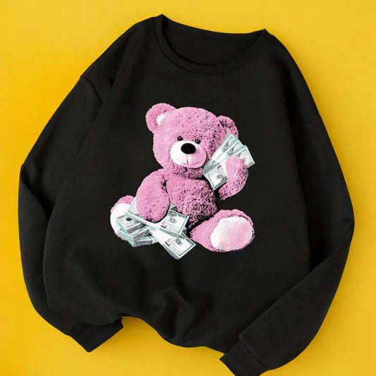 Women's Cartoon Bear Print Drop Shoulder Long Sleeve Crewneck Pullover Tops, Casual Comfort Crew Neck Sweatshirt for Lady, Women Clothing for Spring & Fall