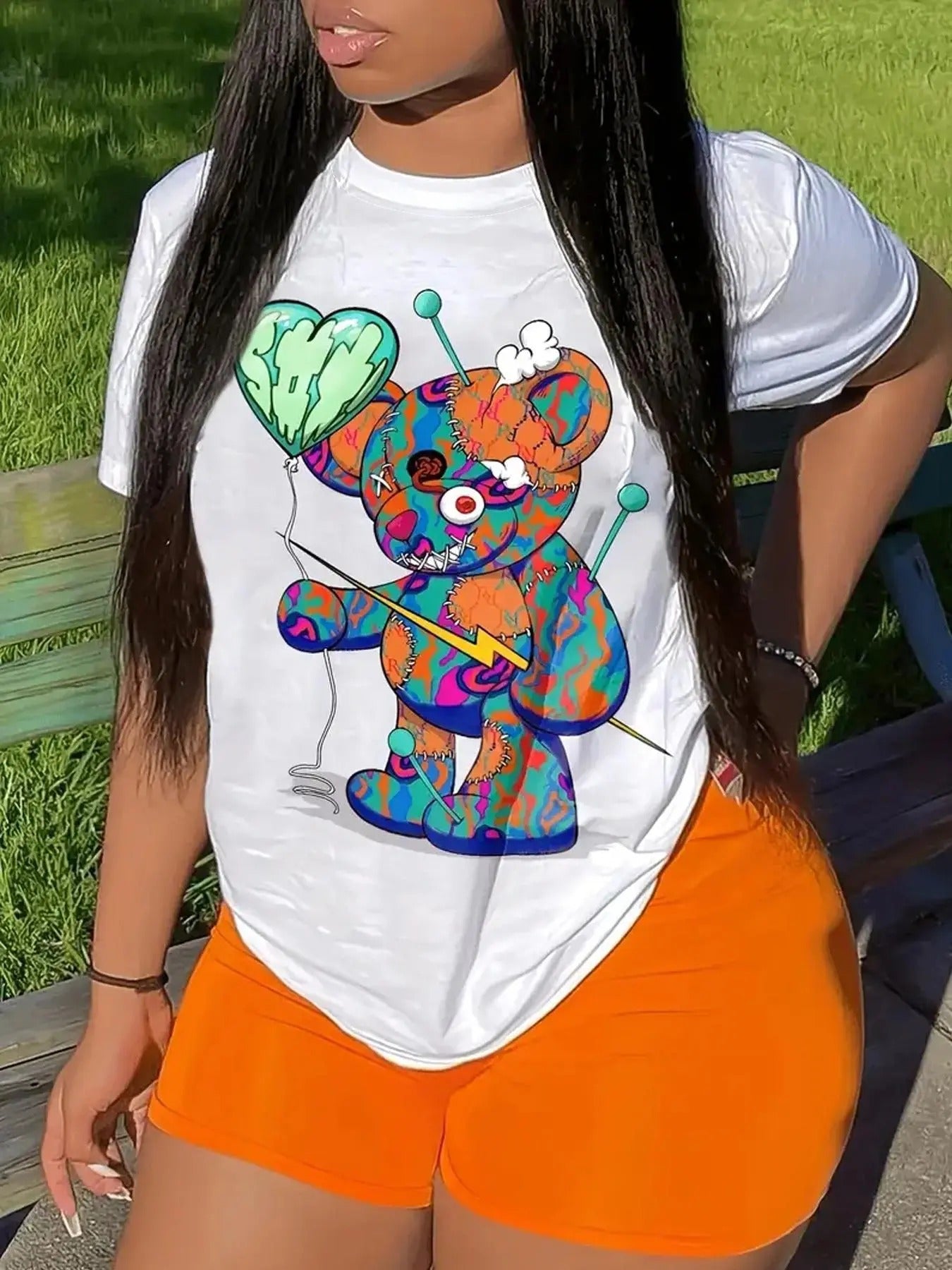 Women's Cartoon Bear Print Drop Shoulder Tee, Fashion Casual Crew Neck T-shirt for Daily Holiday Vacation Outdoor Wear, Ladies Clothes for Summer