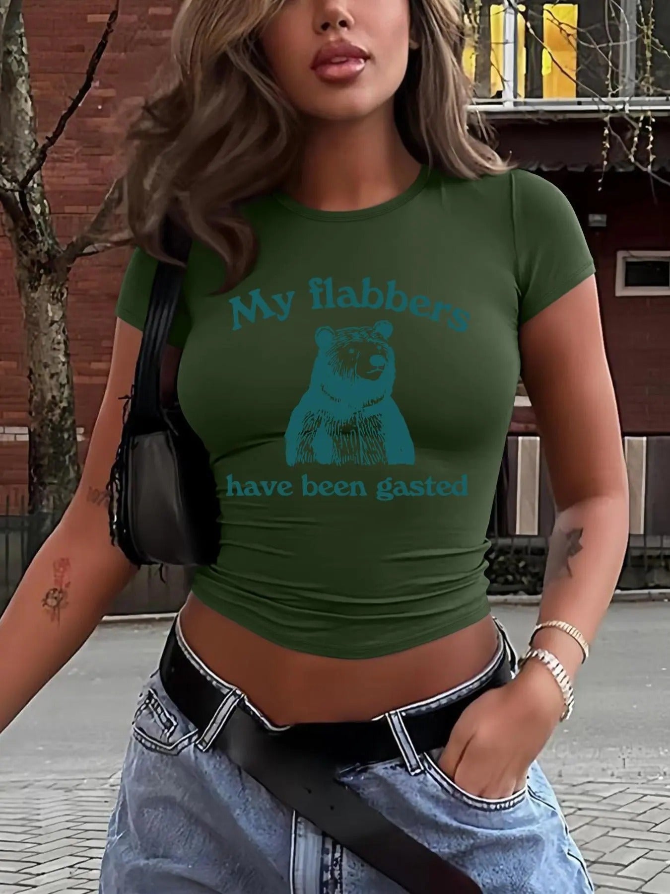 Women's Cartoon Bear Print Round Neck Crop Tee, Fashion Casual Crew Neck T-shirt for Daily Holiday Vacation Outdoor Wear, Ladies Clothes for All Seasons, Top