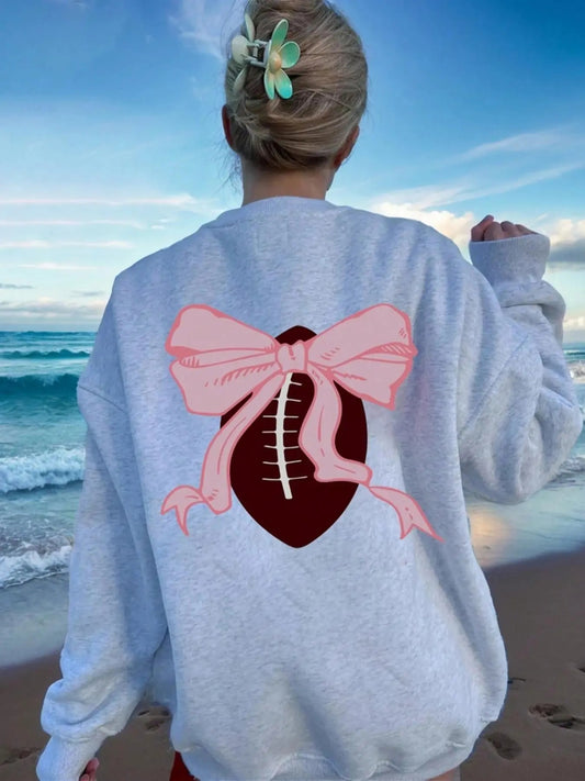 Women's Cartoon Bowknot Print Crew Neck Sweatshirt, Casual Drop Shoulder Long Sleeve Pullover, Women's Fall & Winter Clothes for Daily Wear