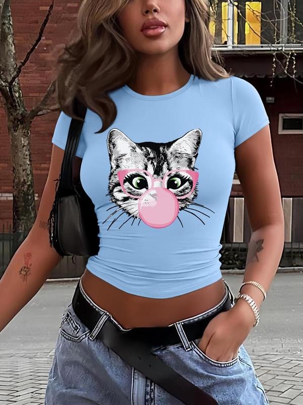 Women's Cartoon Cat Print Round Neck Tee, Fashion Casual Crew Neck T-shirt for Daily Holiday Vacation Outdoor Wear, Ladies Clothes for All Seasons, Top