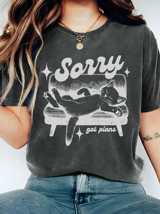 Women's Cartoon Cat Print Round Neck Tee, Fashion Casual Crew Neck T-shirt for Daily Holiday Vacation Outdoor Wear, Ladies Clothes for Summer