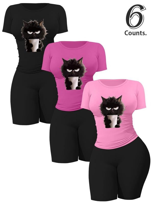 Women's Cartoon Cat Print Tee & Shorts Set, Casual Fashion Cozy Short Sleeve T-shirt & Skinny Shorts for Daily Outdoor...
