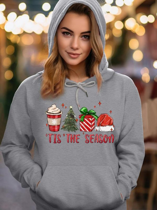 Women's Cartoon Christmas & Letter Print Drop Shoulder Long Sleeve Hoodie, Fashion Casual Drawstring Pocket Hooded Sweatshirt for Daily Holiday Outdoor Wear, Women Clothing for Fall & Winter
