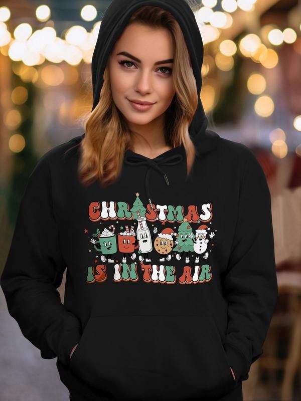 Women's Cartoon Christmas Print Drop Shoulder Hoodie, Fashion Casual Drawstring Pocket Hooded Sweatshirt for Daily Holiday Outdoor Wear, Women Clothing for Fall & Winter