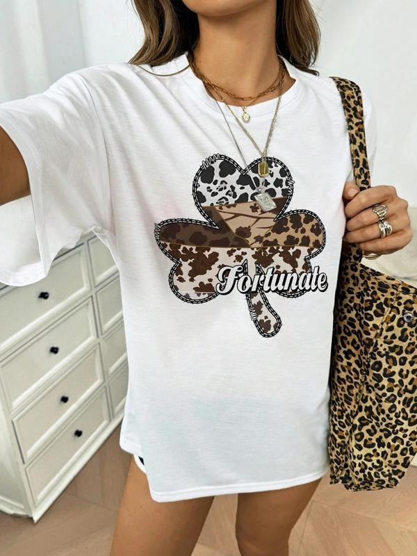 Women's Cartoon Clover Print Round Neck Tee, Fashion Casual Crew Neck T-Shirt for Daily Holiday Vacation Outdoor Wear, Ladies Clothes for Summer, Tops
