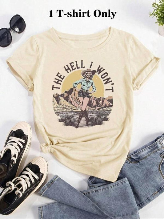 Women's Cartoon Cowgirl & Letter Print Round Neck Tee, Vintage Trendy Casual Short Sleeve T-shirt for Daily Wear, Ladies...