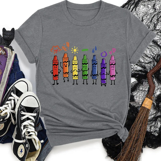 Women's Cartoon Crayon Print Round Neck Tee, Fashion Casual Short Sleeve T-Shirt for Daily Holiday Vacation Outdoor Wear, Ladies Clothes for All Seasons