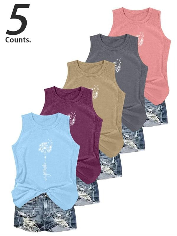 Women's Cartoon Dandelion & Letter Print Tank Top, Casual Sleeveless Round Neck Top for Daily Wear, Ladies Clothes for All Seasons