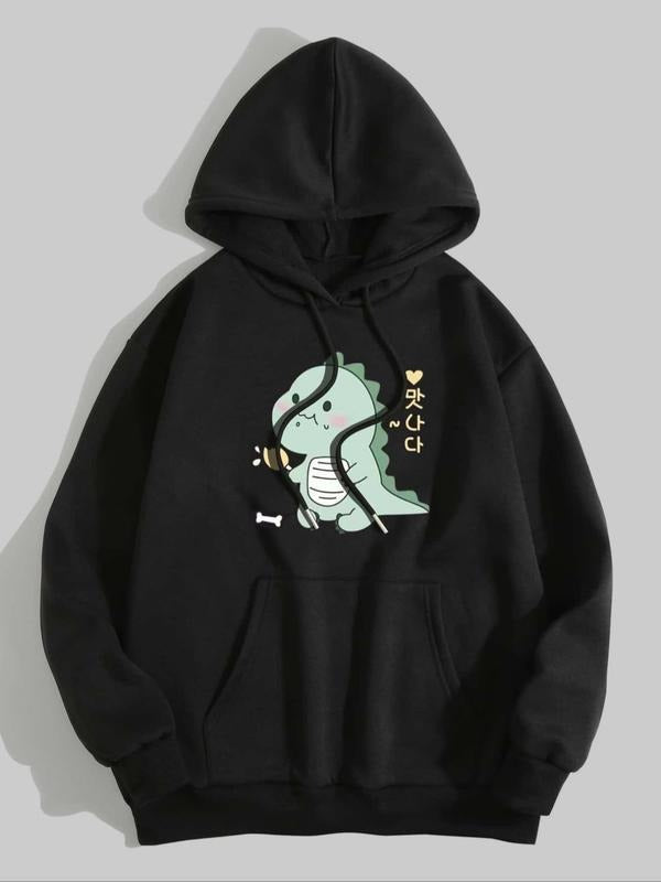 Women's Cartoon Dinosaur Print Drop Shoulder Hoodie, Comfort Long Sleeve Pullover Tops for Lady, Fashion Casual Drawstring Pocket Hooded Sweatshirt for Daily Holiday Outdoor Wear, Womenswear, Women Clothes for Spring Fall