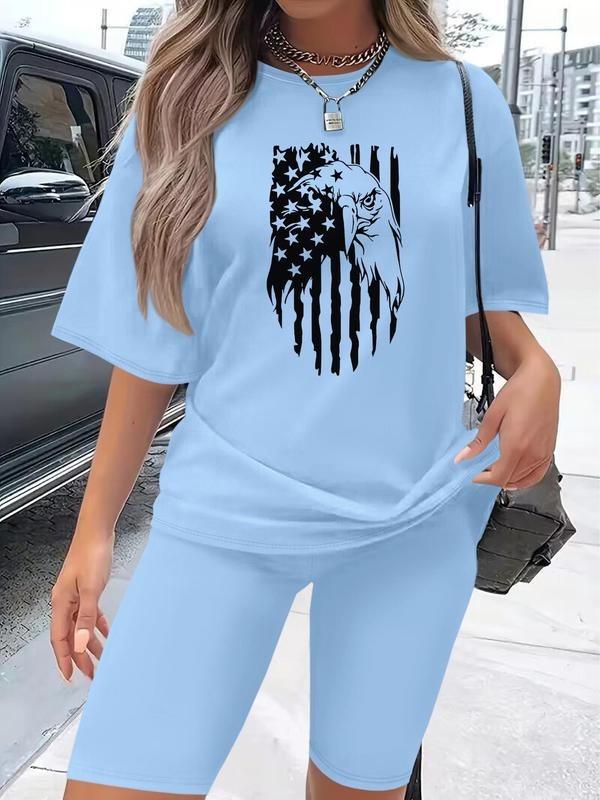 Women's Cartoon Eagle Print Tee & Shorts Set, Casual Fashion Cozy Round Neck T-shirt & Shorts for Daily Outdoor Wear,...